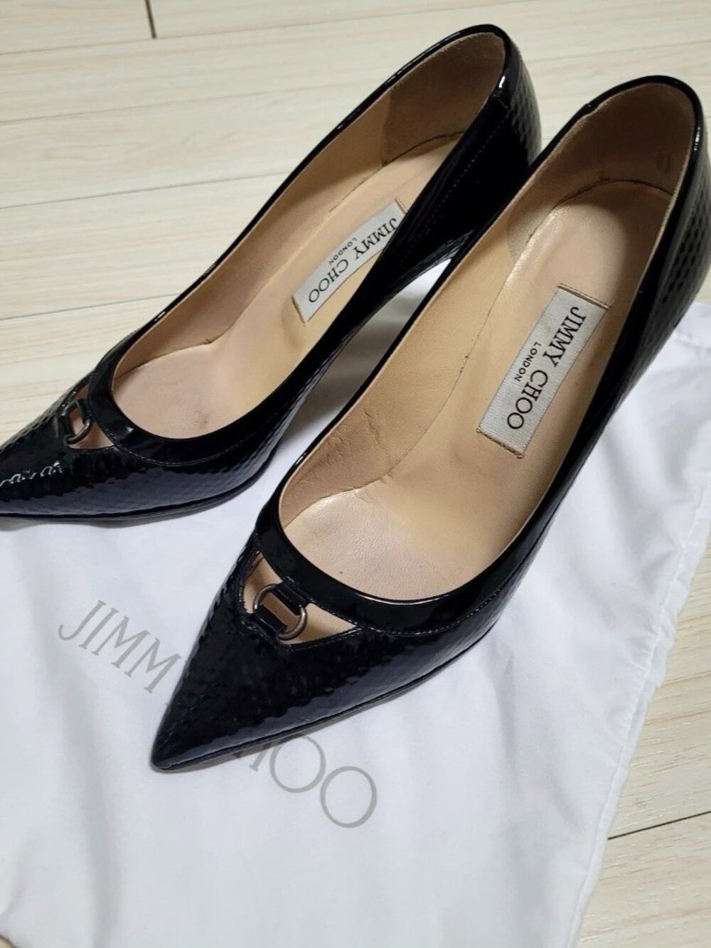 Jimmy Choo Women's Patent Leather Stiletto Heel Metal Trim Pointed Toe